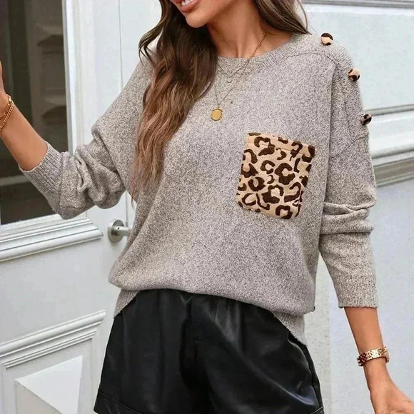 Khaki Casual Women's Loose Fit Crew Neck Floral Pocket Pullover - Picture 3 of 4